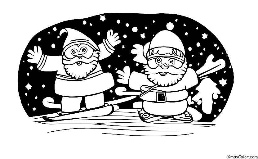 Noël / Ski: Papa Noël sur des skis en descendant une colline