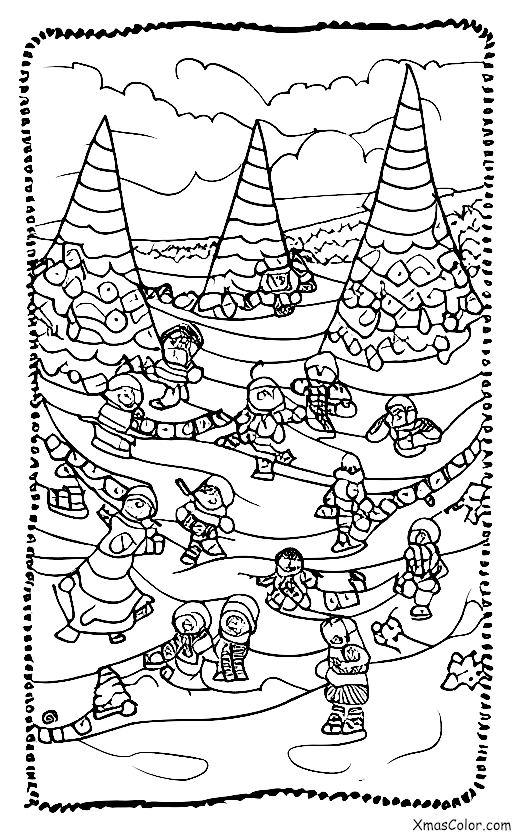 Noël / Temps hivernal: Une scène d'enfants qui glissent sur une colline