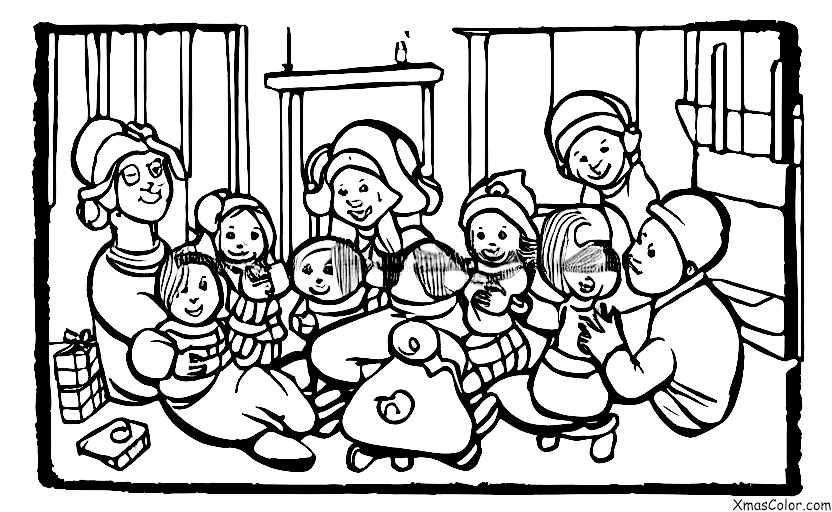 Noël / Temps hivernal: Une scène de famille devant leur cheminée