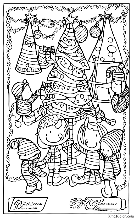 Noël / Traditions de Noël: Une famille décore son sapin de Noël avec des ornements et des lumières