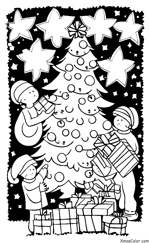 Noël / Traditions de Noël: Une famille ouvrant des cadeaux autour du sapin de Noël