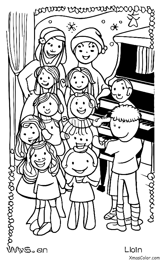 Noël / Traditions de Noël: Une famille qui chante des cantiques autour du piano