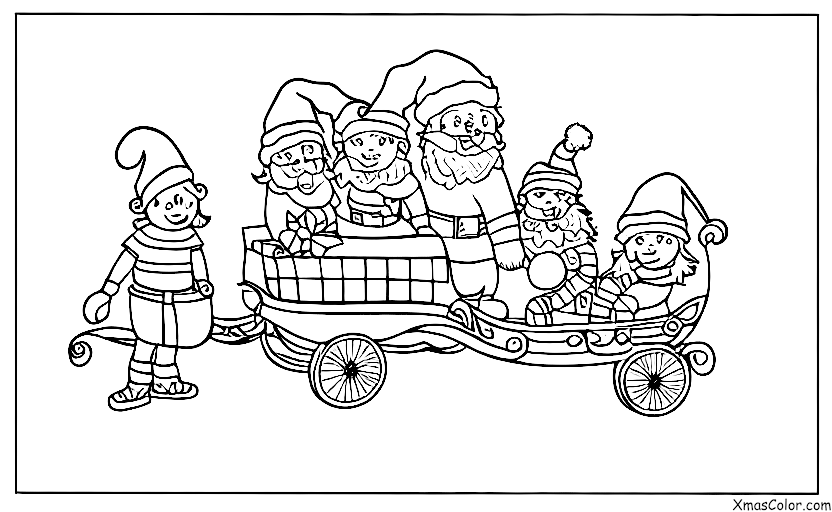 Noël / Traîneau du Père Noël: Père Noël et ses lutins chargent le traîneau