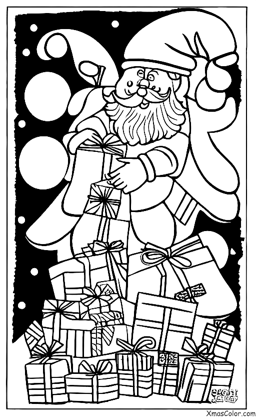 Noël / Veille de Noël: Le Père Noël chargeant son traîneau avec des cadeaux