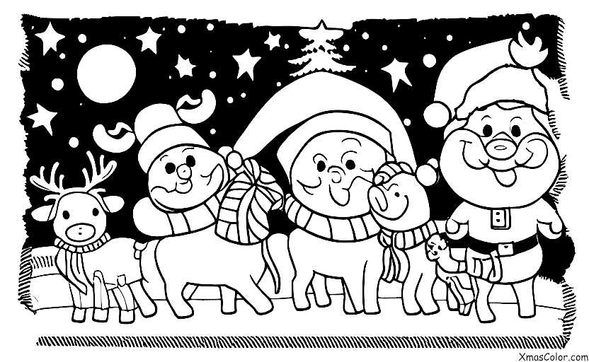 Noël / Veille de Noël: Papa Noël et ses rennes s'envolent dans le ciel nocturne